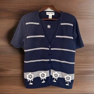Vintage 90s White Navy Embroidered Floral Faux Sweater Set Top S‎ Dunner Stunner
